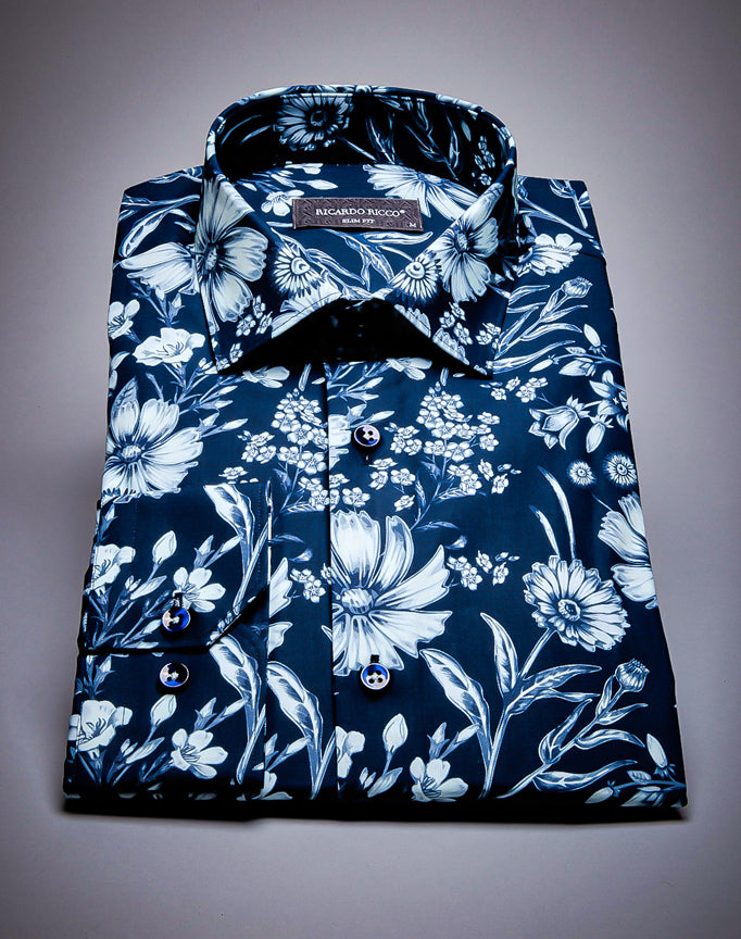 Ricardo Ricco Blue Color Floral Button Down Long Sleeve Slim Fit Shirt. (Art: Bsk   Code: 14)