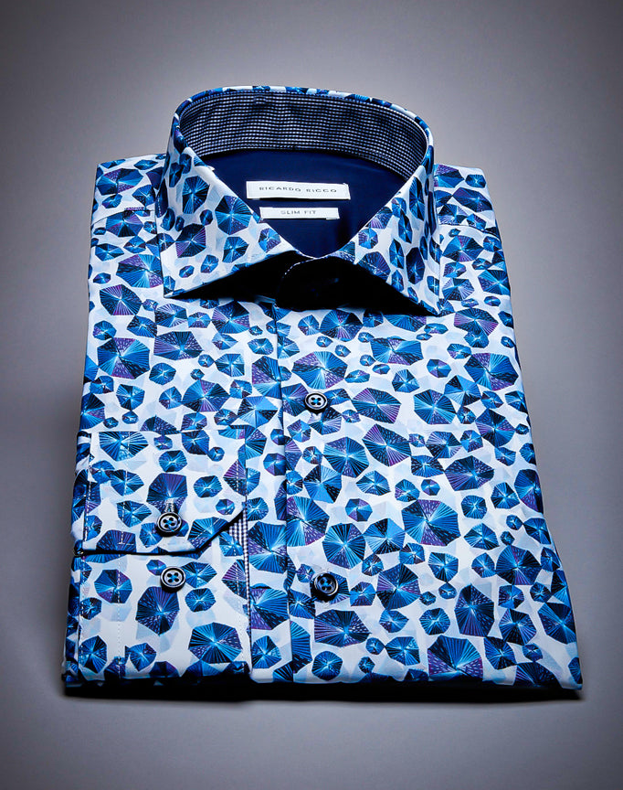 Ricardo Ricco Blue Abstract Pattern Button Down Long Sleeve Slim Fit Shirt.