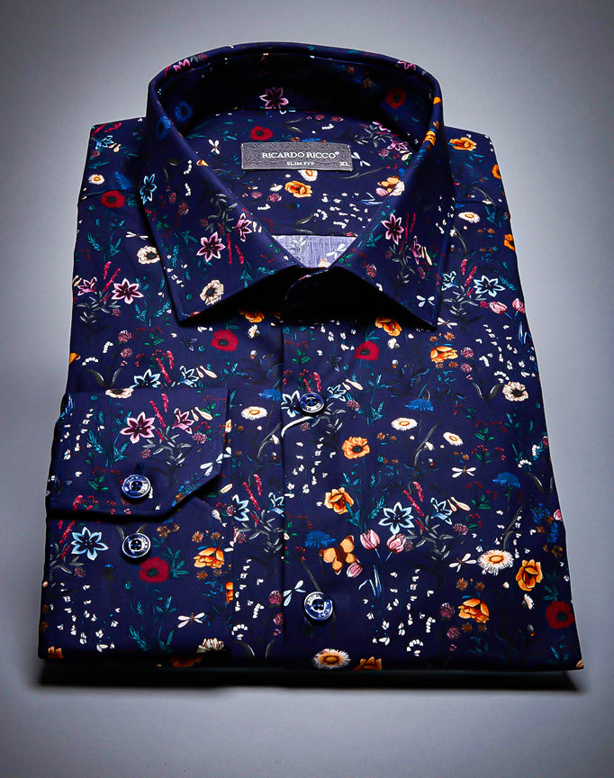 Ricardo Ricco Spring Floral Print Long Sleeve Slim Fit Shirt. - Blue