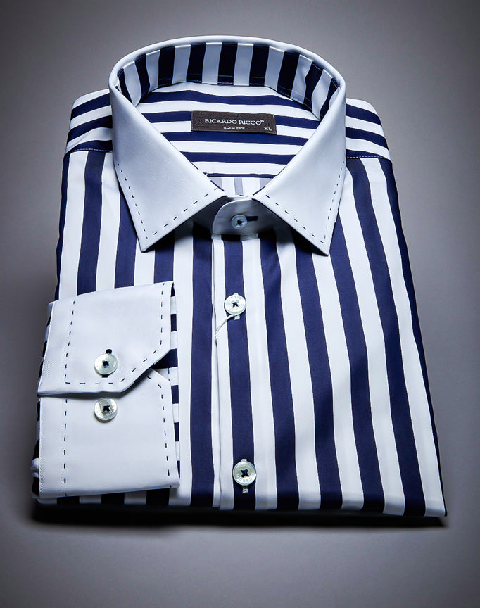 Ricardo Ricco Navy White Stripe White Collar Long Sleeve Slim Fit Shirt.