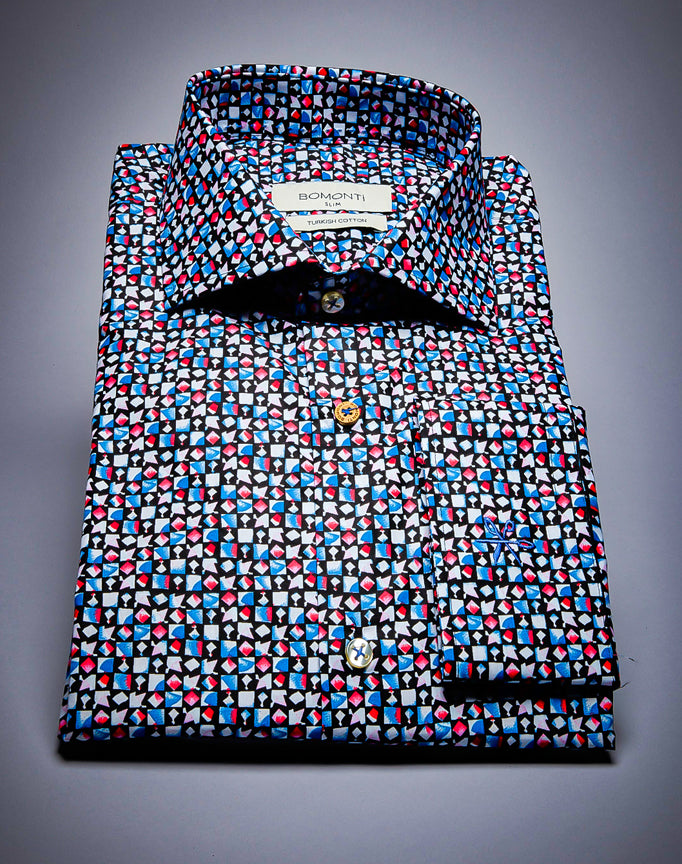 Bomonti Multi Color Abstract Button Down Long Sleeve Slim Fit Shirt.