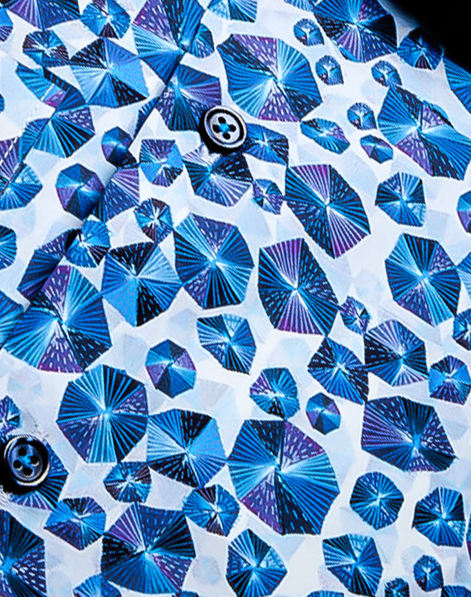Ricardo Ricco Blue Abstract Pattern Button Down Long Sleeve Slim Fit Shirt.