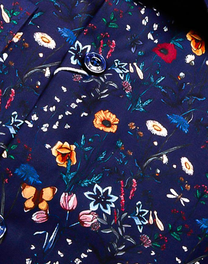 Ricardo Ricco Spring Floral Print Long Sleeve Slim Fit Shirt. - Blue