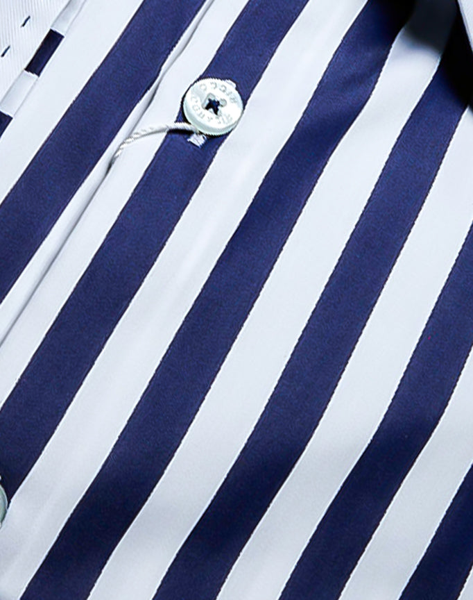 Ricardo Ricco Navy White Stripe White Collar Long Sleeve Slim Fit Shirt.