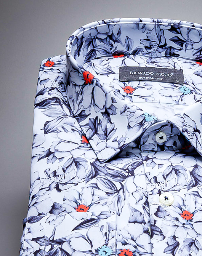 Ricardo Ricco White Floral Pattern  Slim Fit Shirt. (Art: Cmf-Bsk   00020).