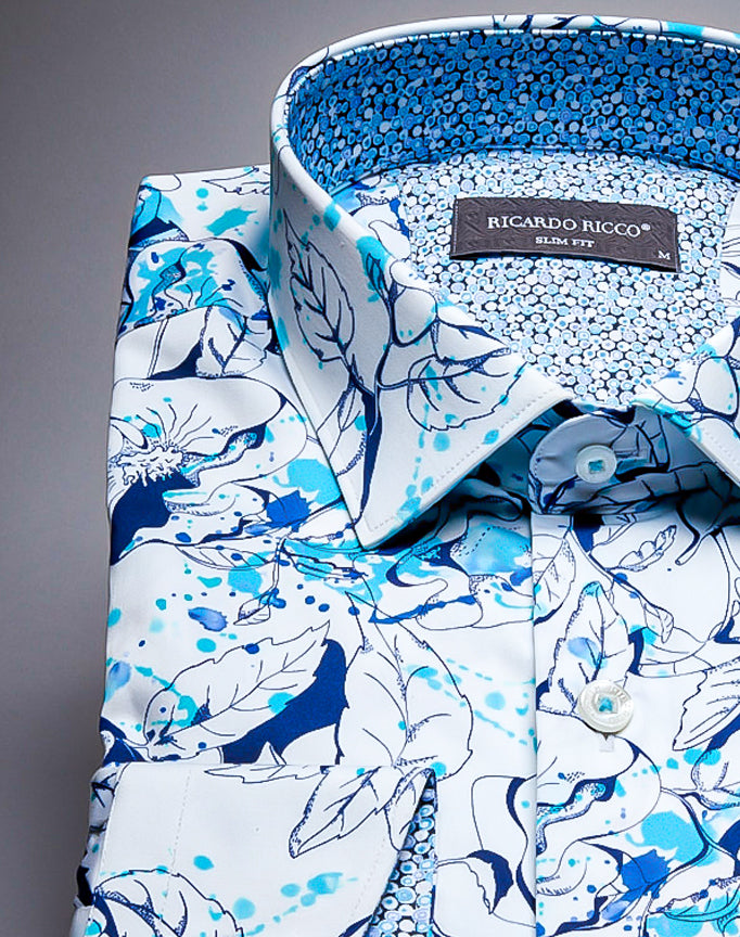Ricardo Ricco Blue Floral Long Sleeve Slim Fit Shirt. (Style:Bsk.00139 Code: 310)