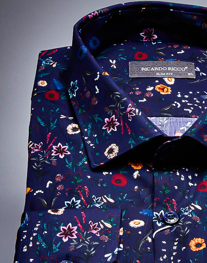 Ricardo Ricco Spring Floral Print Long Sleeve Slim Fit Shirt. - Blue