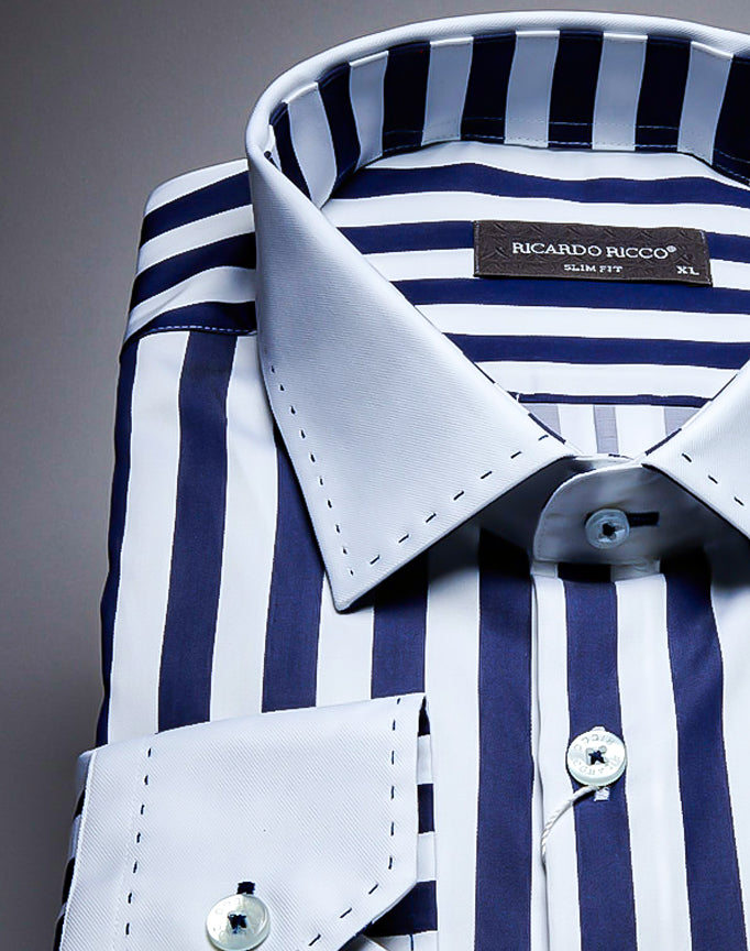Ricardo Ricco Navy White Stripe White Collar Long Sleeve Slim Fit Shirt.