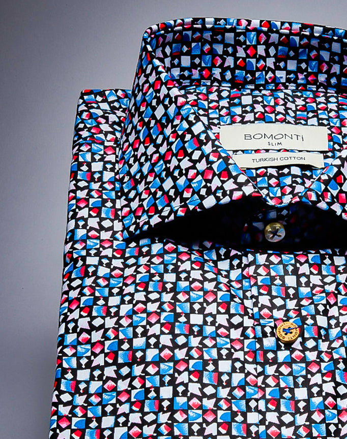 Bomonti Multi Color Abstract Button Down Long Sleeve Slim Fit Shirt.