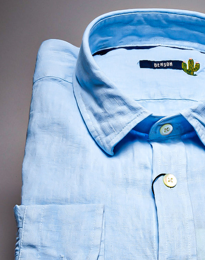Benson Men Premium Linen Long-Sleeve Shirt. (Blue)