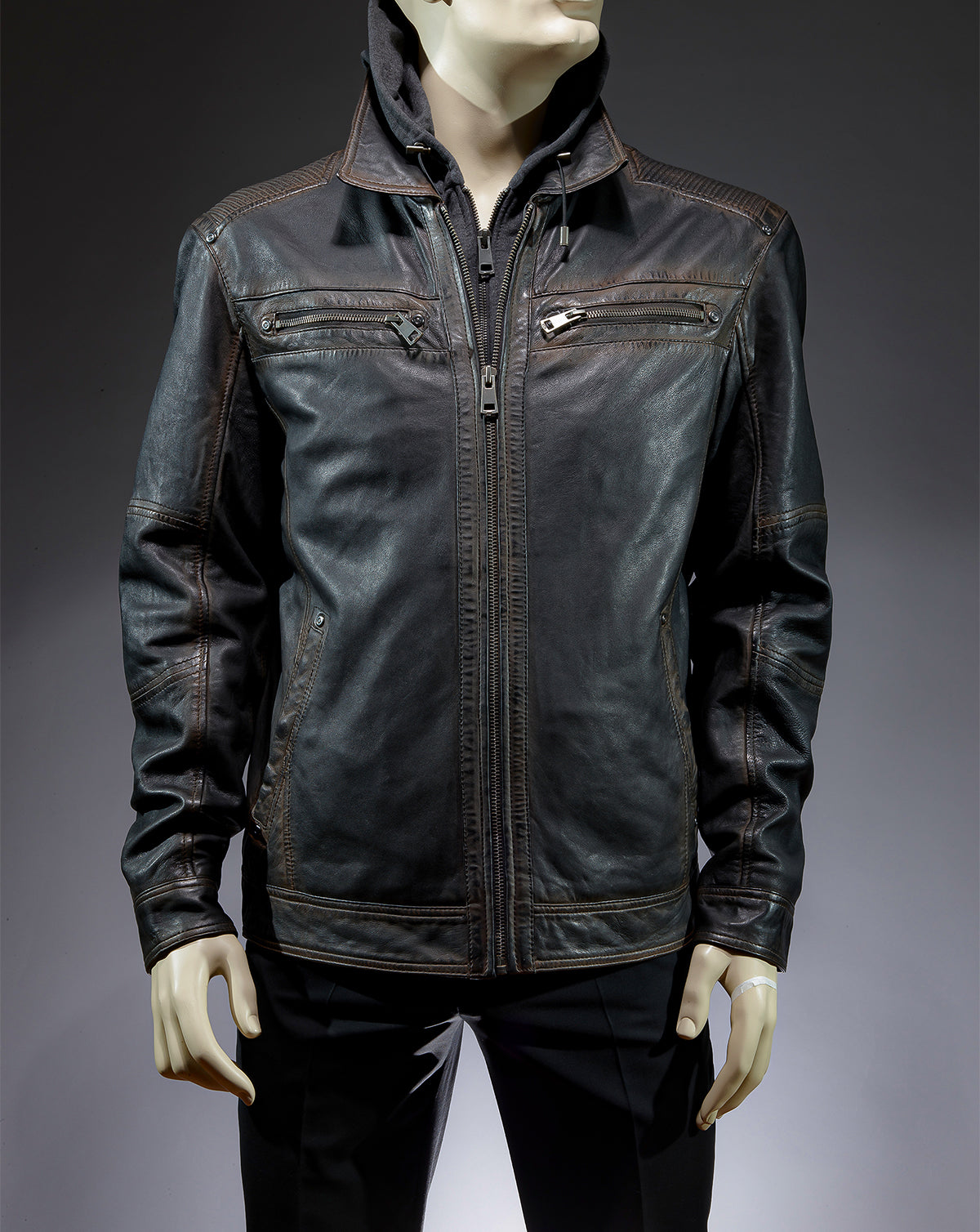 Authentic leather Jacket with removable hoodie Dark brown